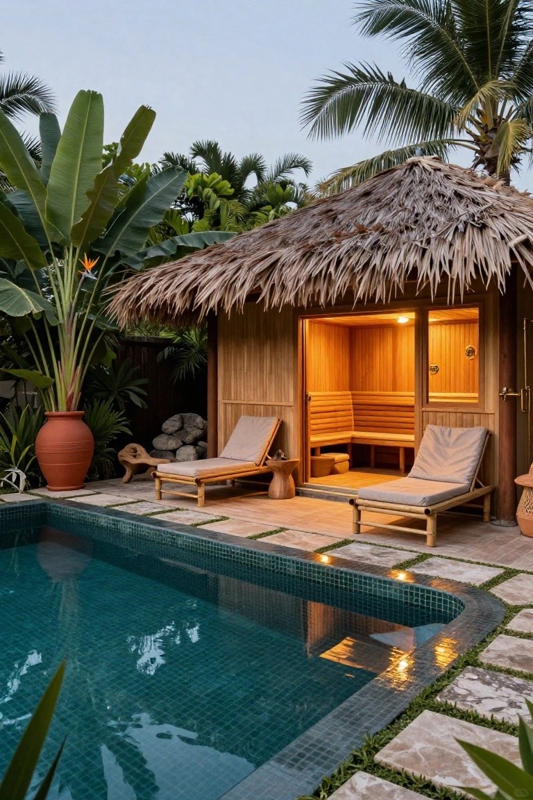 Wooden sauna hut with thatched roof and open door next to a turquoise-tiled pool, with bamboo loungers on a stone deck surrounded by tropical plants and palms.