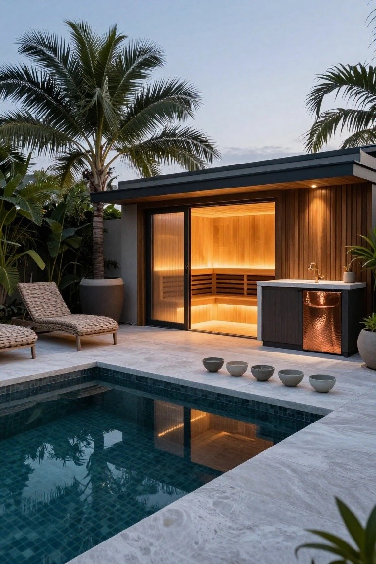 Modern wooden sauna pavilion with open glass doors next to a small turquoise-tiled pool on a light gray stone patio, surrounded by palm trees, potted plants, lounge chairs, and a countertop sink at dusk.