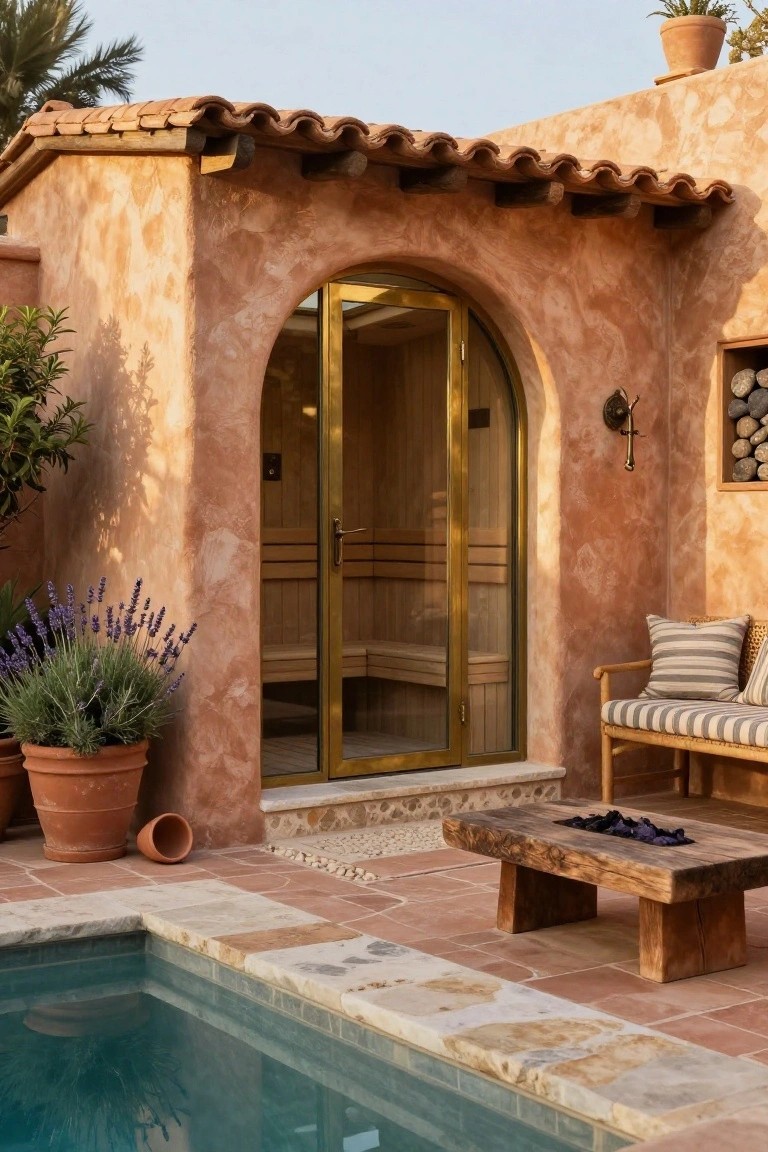 Arched golden-framed glass door to a wooden sauna set in terracotta stucco pool house wall next to a pool, with bench seating, fire pit table, potted plants, and lavender bushes on a stone patio.