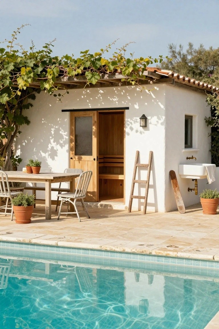 White stucco building with open wooden door revealing sauna benches inside, grapevine-covered pergola roof, ladder and outdoor sink nearby, dining table with chairs on tiled patio beside turquoise pool.
