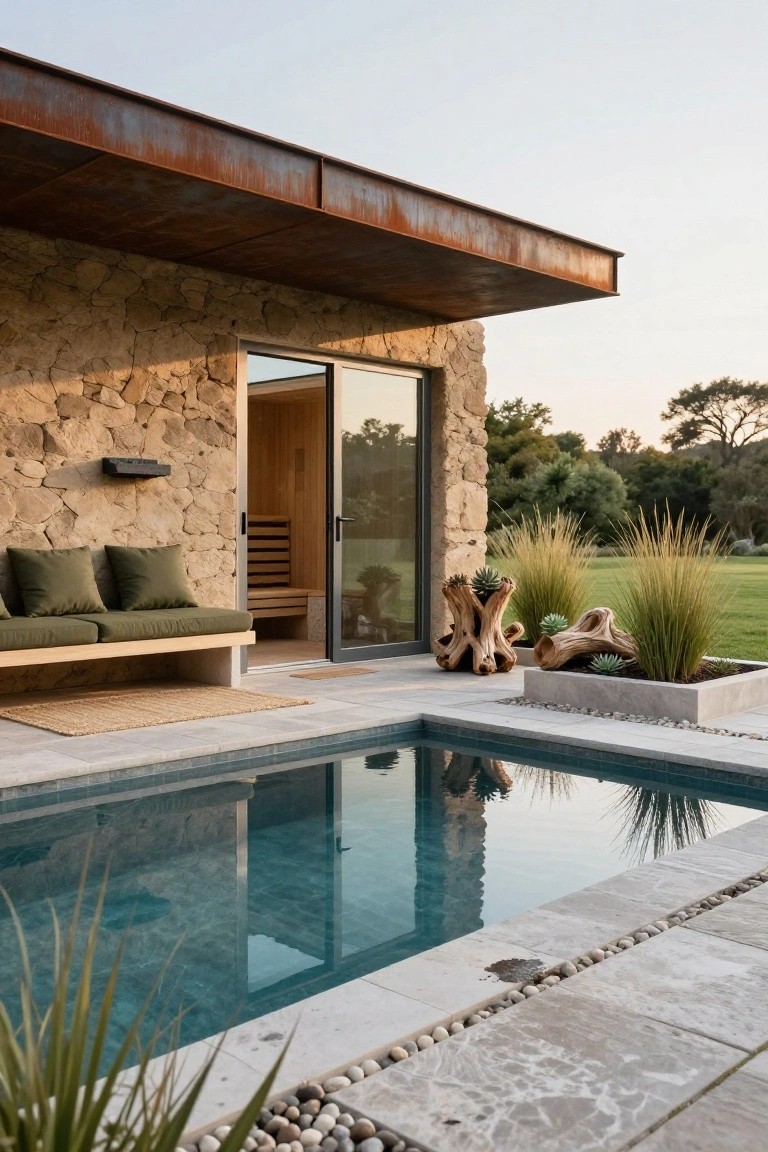 Stone exterior pool house with open sliding glass door to wooden sauna, adjacent green cushioned bench on pool deck, potted plants and grasses, small turquoise pool, and trees in background at dusk.