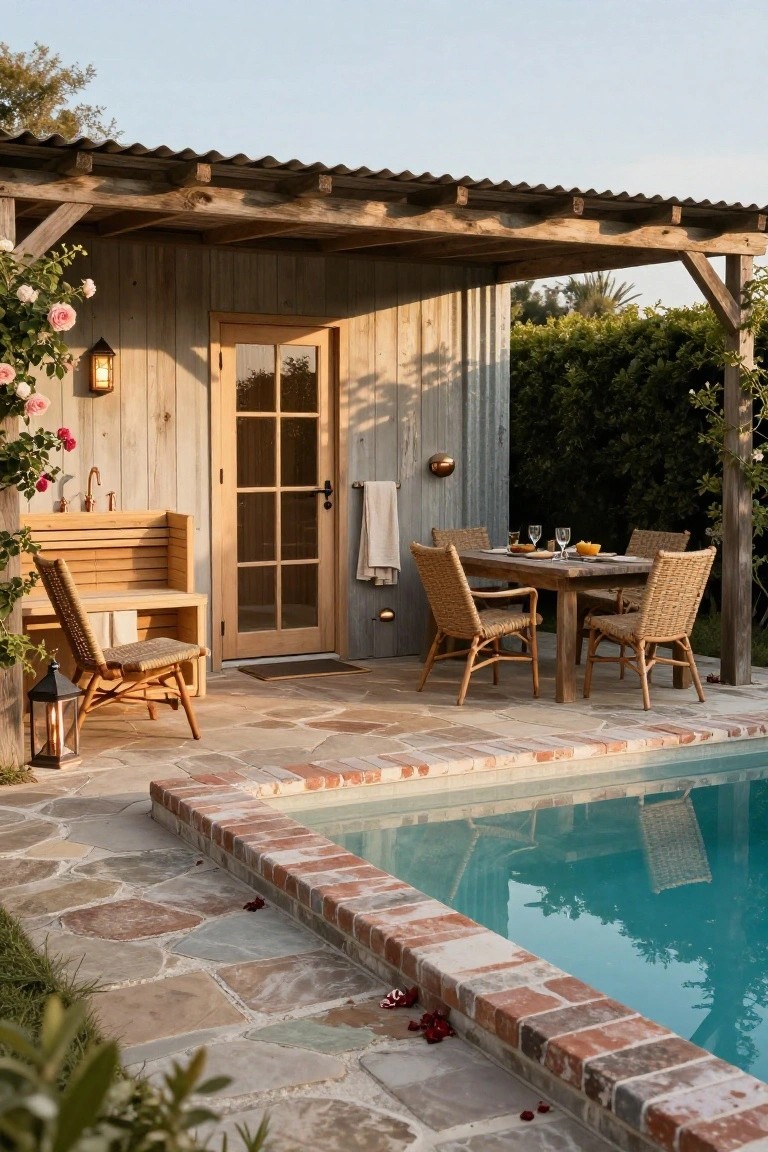 Wooden pool house cabana with open door, outdoor copper sink and bench on left, rattan dining table with chairs on stone patio next to small blue pool, climbing roses and greenery around.