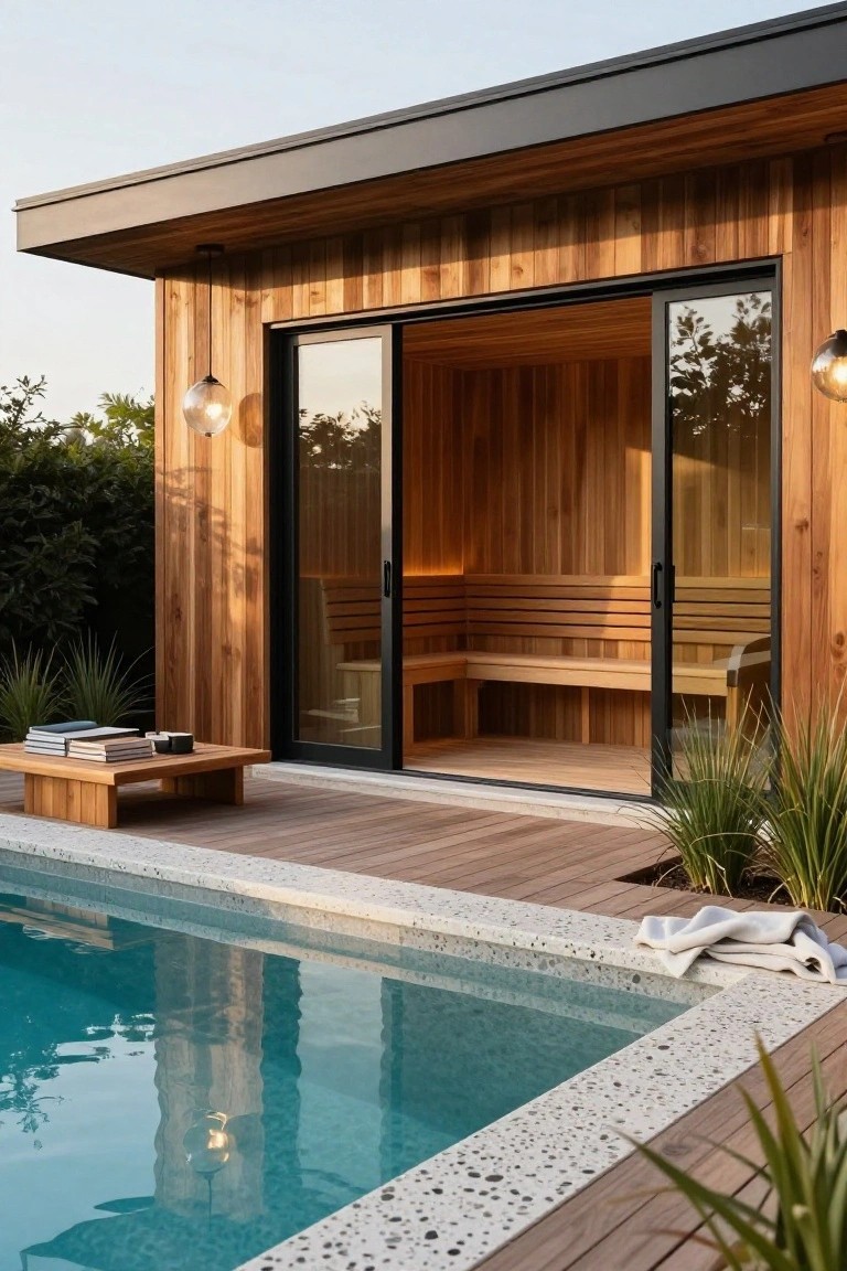 Wooden sauna structure with open black-framed sliding glass doors showing interior bench, on a wooden deck beside a turquoise pool with white pebble edging, pendant lights hanging nearby, and potted plants.