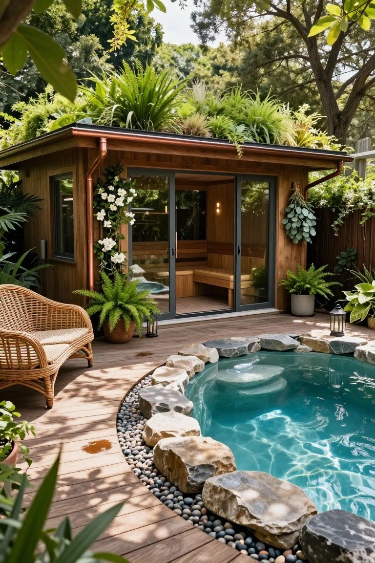 Wooden cabin-style sauna with green roof and open glass doors beside a curved turquoise hot tub edged in rocks and pebbles on a wooden deck surrounded by tropical plants and a rattan chair.