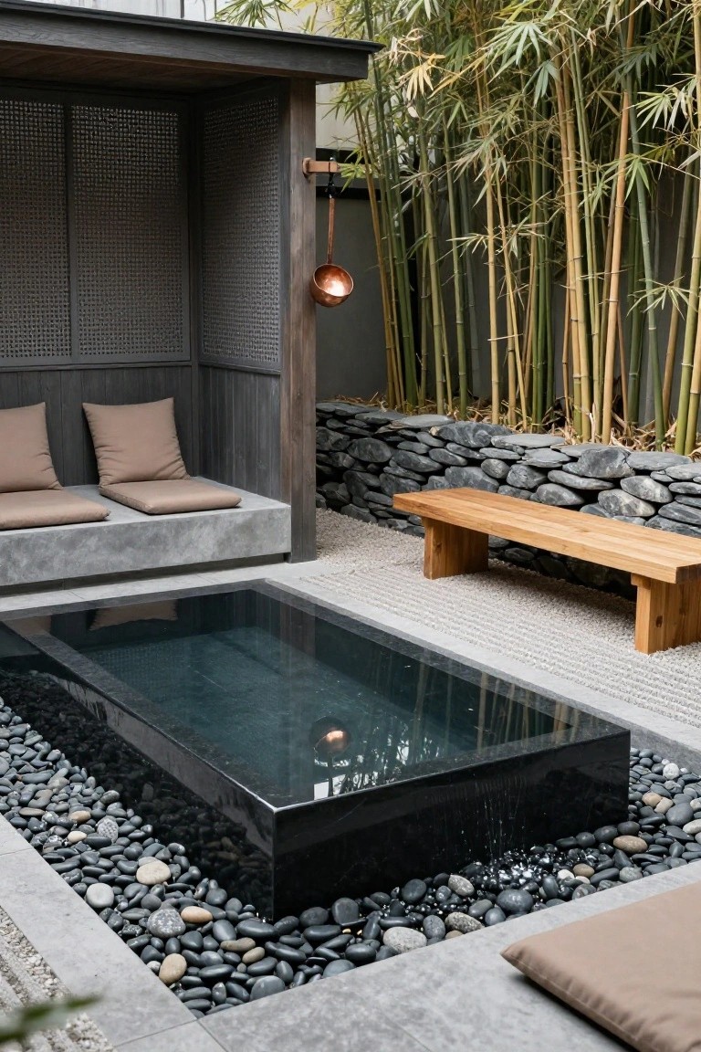 Outdoor zen-style pool area with a rectangular black pool edged in pebbles, built-in concrete benches with beige cushions, a wooden bench, bamboo plants, stone walls, and a screened wooden pergola.