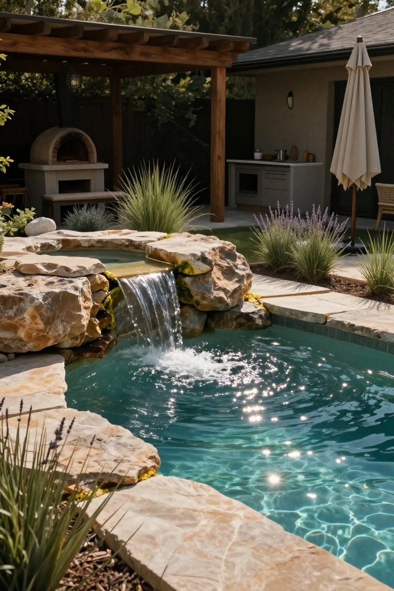 20 Residential Pool Design Ideas for Everyday Elegance A turquoise pool with water cascading from moss-covered natural rock boulders into the water, edged by stone pavers and surrounded by grasses, lavender plants, and nearby outdoor kitchen features.