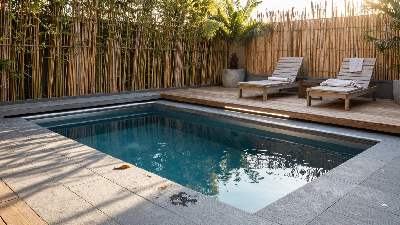 A turquoise tiled infinity-style pool edged by a raised wooden deck with three beige teak sun loungers covered in white towels, surrounded by bamboo privacy fencing and tropical plants under soft evening light.