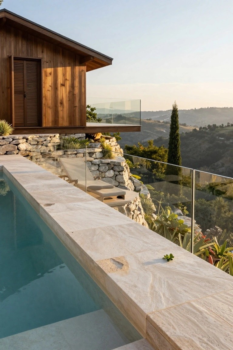 20 Residential Pool Design Ideas for Everyday Elegance Swimming pool with light travertine decking edged by frameless glass railings on a hillside, adjacent to stone retaining walls, plants, a lounger chair, and wooden cabin structure overlooking a valley landscape.