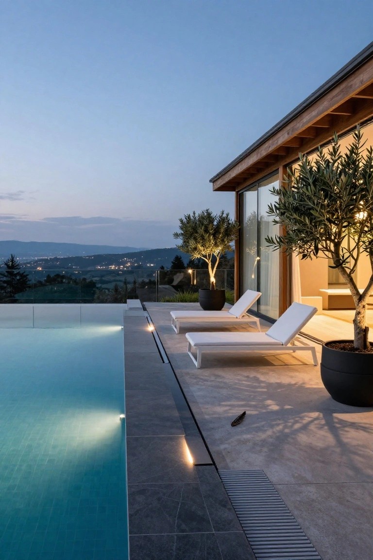 20 Residential Pool Design Ideas for Everyday Elegance Terrace of a modern wooden-roofed house featuring an infinity-edge swimming pool, two white lounge chairs, potted olive trees, and large glass doors, with a valley view at dusk.