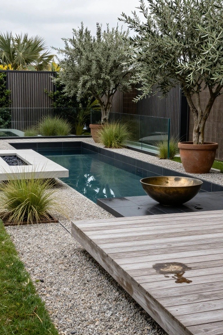 20 Residential Pool Design Ideas for Everyday Elegance A narrow rectangular pool with black tiles and clear blue water, adjacent white concrete platform with fire trough, large bronze bowl fire pit on black tiles, protruding wooden deck, gravel paths, ornamental grasses, potted olive trees, and glass fencing in a modern backyard.
