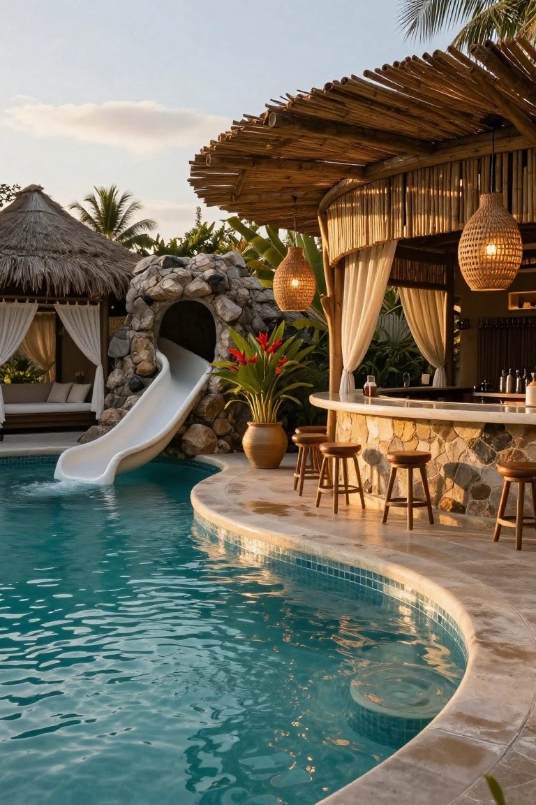 20 Residential Pool Design Ideas for Everyday Elegance Turquoise curved pool with white waterslide from rock tunnel structure, adjacent curved stone bar under bamboo roof with wood stools, tropical plants, and thatched huts in background.