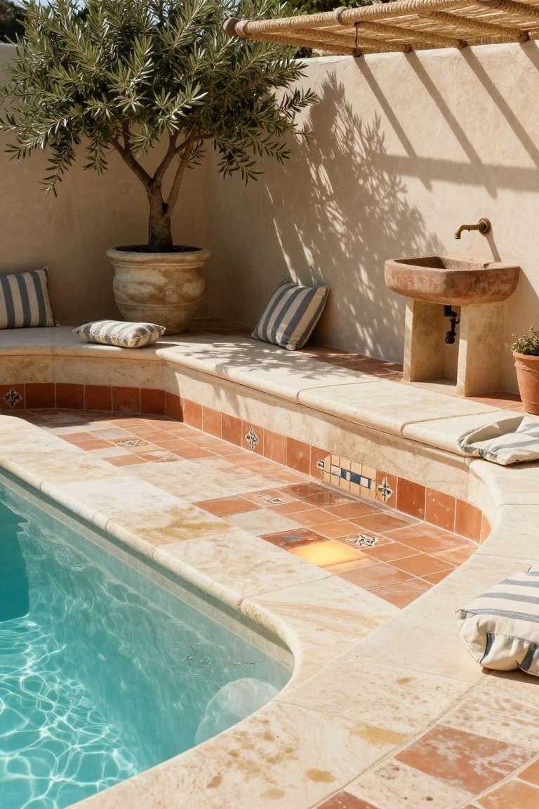 Curved turquoise pool edged in terracotta tiles and beige stone with built-in benches holding blue-and-white cushions, a potted olive tree, rustic stone sink on a pedestal, and small plants against a beige stucco wall under a rope pergola.