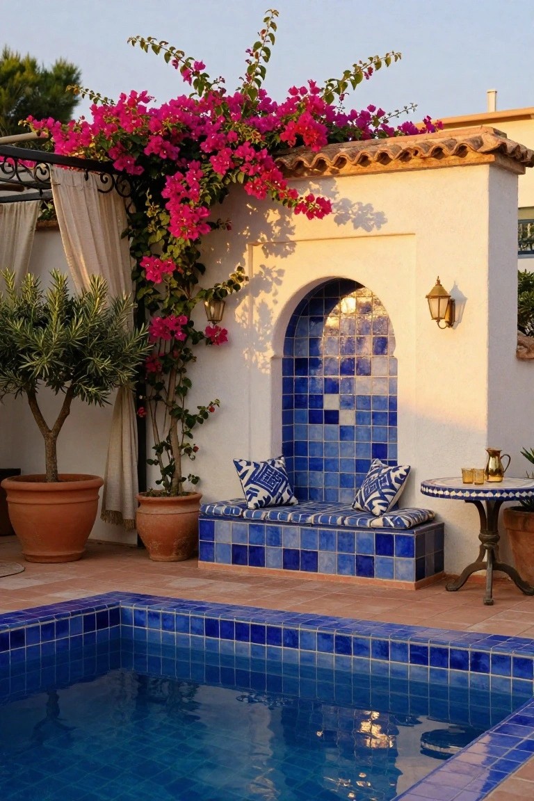 Small rectangular blue-tiled pool with adjacent built-in blue-tiled bench under white arched wall niche, flanked by terracotta pots with olive trees, pink bougainvillea vines on walls, beige curtains, and small round table with brass teapot and glasses.