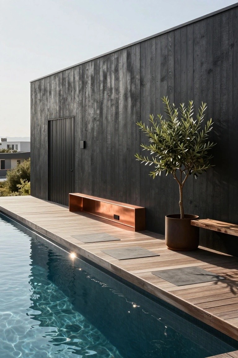 Pool deck with built-in copper bench, potted olive tree in metal container, wooden bench, gray stone pavers, black vertical wood wall and door beside blue pool water.