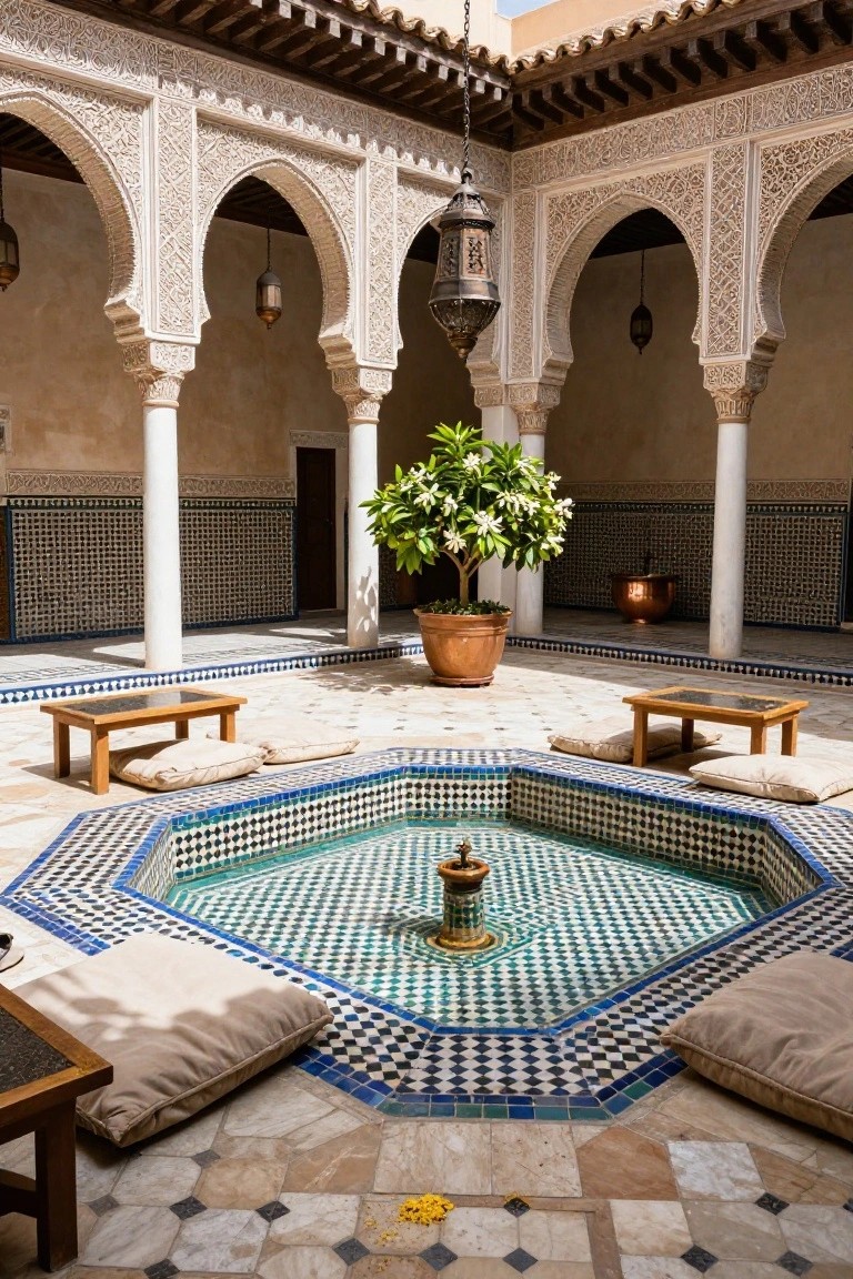 Open Moroccan-style courtyard featuring a central octagonal blue-and-white mosaic-tiled fountain pool surrounded by low wooden tables with beige cushions, white columns, hanging lanterns, a potted flowering tree, and arched walkways.