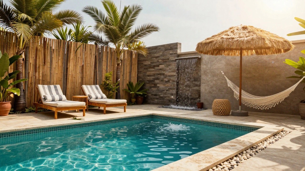 Small turquoise pool edged with light stone tiles, flanked by two striped cushioned wooden loungers under a large thatched umbrella, surrounded by bamboo fencing, tropical plants, and a stone waterfall feature.