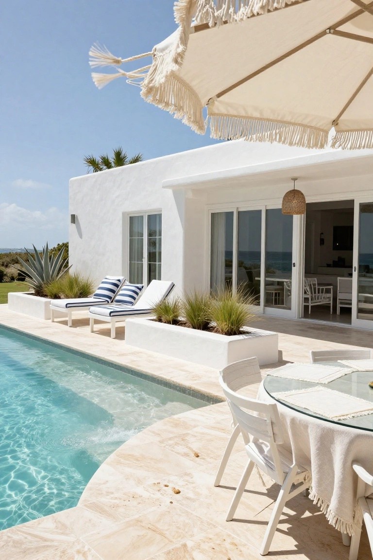 White modern house with open sliding glass doors overlooking ocean, adjacent turquoise pool edged in travertine tile, two blue-striped loungers flanked by large white planters with grasses and agaves, round glass table with white chairs nearby, fringed beige umbrella overhead.