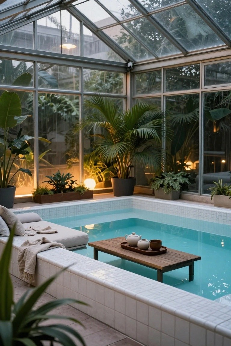 Small turquoise pool inside a glass-walled conservatory filled with large tropical plants, wooden table with teapot and cups positioned in the shallow water, and cushioned lounge seating along the tiled edge.