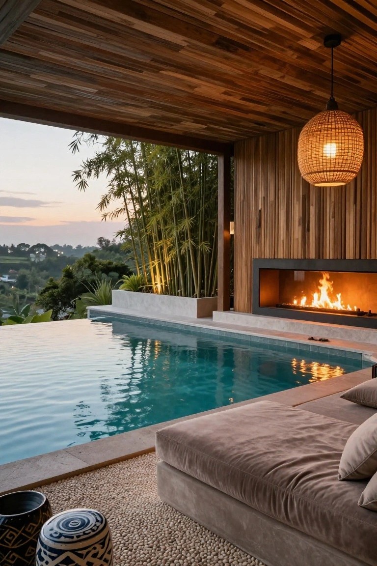 Wooden terrace with infinity-edge turquoise pool, black-framed linear gas fireplace with flames, cushioned taupe daybed, rattan pendant light, bamboo screening, and pebble flooring overlooking lush hillside at dusk.