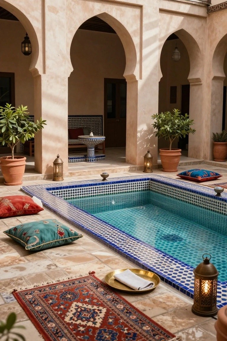 Small turquoise mosaic-tiled pool in a beige stucco courtyard with arched doorways, potted plants, colorful floor cushions, patterned rugs, brass lanterns, and a fountain in the background.
