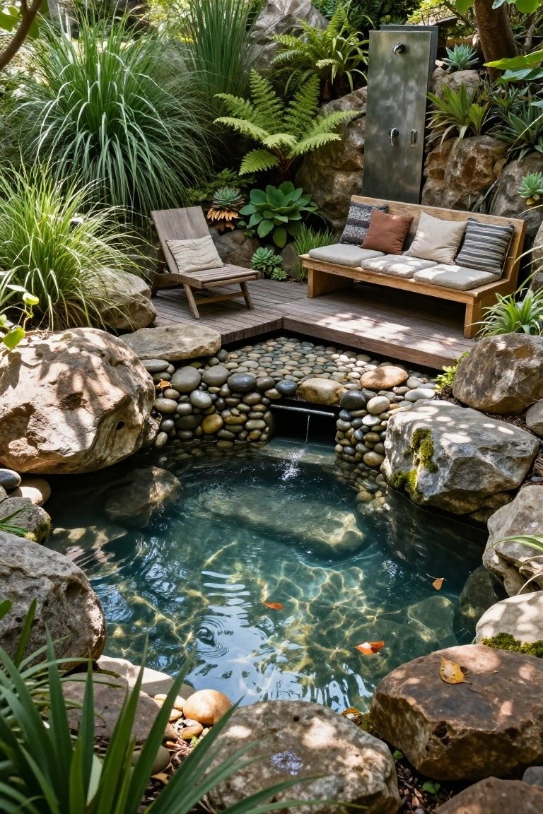 Small turquoise pool with koi fish, lined in pebbles and surrounded by large boulders, next to a wooden deck holding a lounge chair and cushioned bench amid tropical plants and rocks.