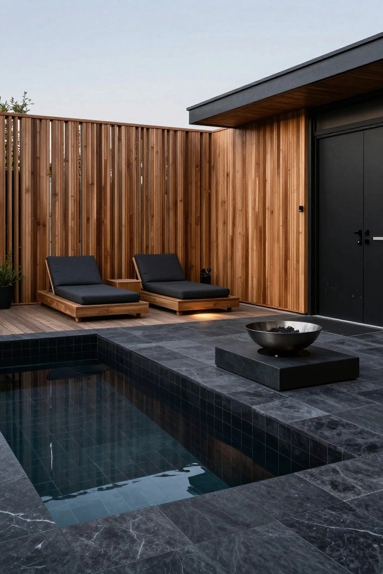 Small rectangular plunge pool with black mosaic tiles and black marble pavers around it, flanked by two wooden daybeds with black cushions, a stainless steel fire bowl on a black plinth, and tall slatted timber fencing enclosing the space next to a modern wood and black building.
