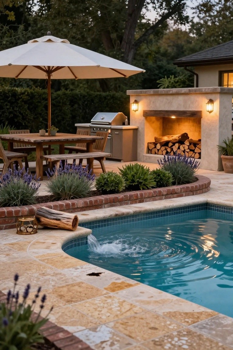 Curved turquoise-tiled pool with water spilling over from stone deck edge, wooden dining table and benches on patio nearby, stainless steel grill island, stucco fireplace with logs, lantern lights, lavender plants, and brick garden border in backyard setting.