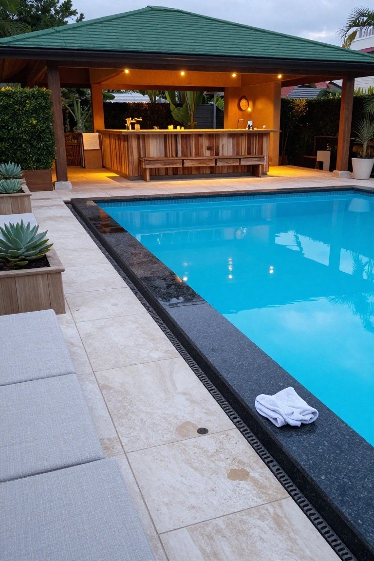 Poolside pavilion with wooden bar, green roof, and stools next to a rectangular blue pool edged in black stone, with white loungers and potted plants along the edge.