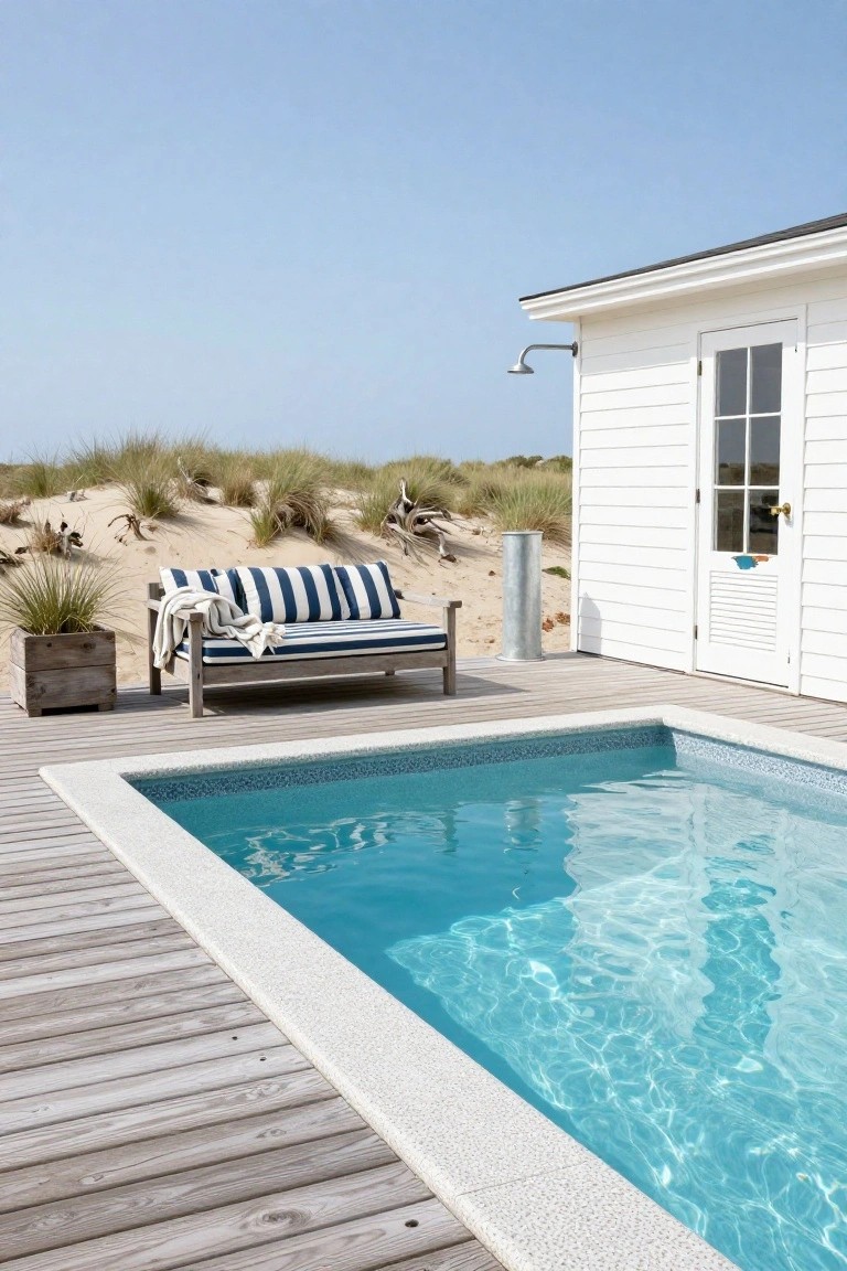 Wooden deck adjacent to a small turquoise pool edged in white tile, featuring a blue-and-white striped cushioned sofa with a white throw, a potted grass plant in a wooden box, a tall metal bucket, an outdoor shower on a white shingled building, and sand dunes under a clear blue sky.