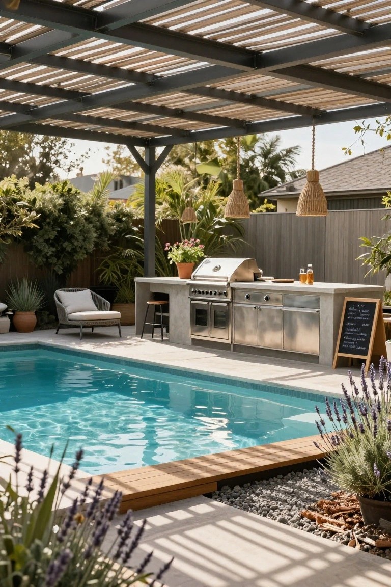 Turquoise inground pool adjacent to a concrete outdoor kitchen counter with built-in stainless steel grill, cabinets, bar stools, lounge chair, potted plants, slatted wood pergola overhead with hanging rattan lights, and surrounding greenery and fence.