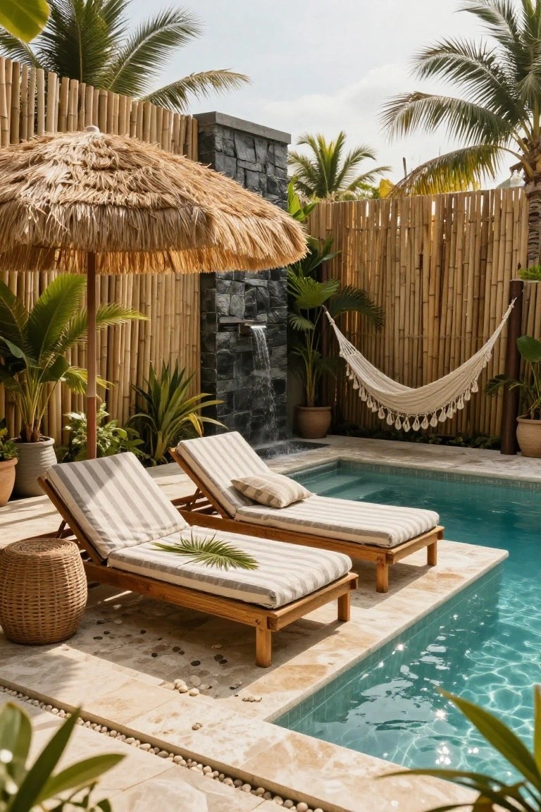 Small turquoise pool edged with light stone tiles, flanked by two striped cushioned wooden loungers under a large thatched umbrella, surrounded by bamboo fencing, tropical plants, and a stone waterfall feature.