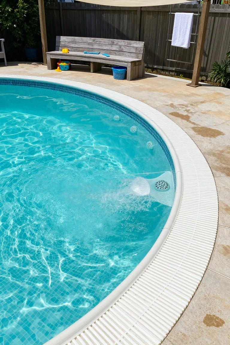 Curved turquoise mosaic-tiled swimming pool with white ridged edging on a beige stone patio, bubbling water from a circular grate, rustic wooden bench with yellow bucket and toys nearby, blue bucket on the ground, beige shade sail overhead, and white towel on a fence rack.