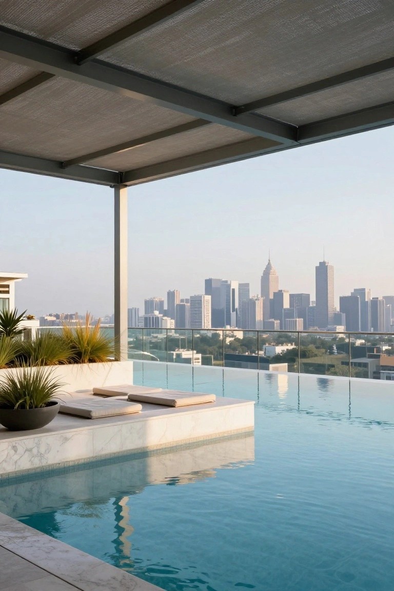 Rooftop infinity-edge pool with white cushioned loungers on a marble deck, potted plants, glass railings, and a view of a city skyline under a slatted metal pergola.