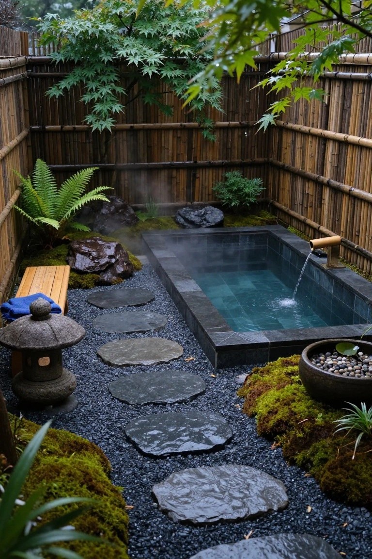 Small rectangular dark-tiled outdoor pool with steaming turquoise water flowing from a bamboo spout, enclosed by bamboo fencing, with mossy rocks, ferns, stepping stones, stone lantern, wooden bench, and potted plants.