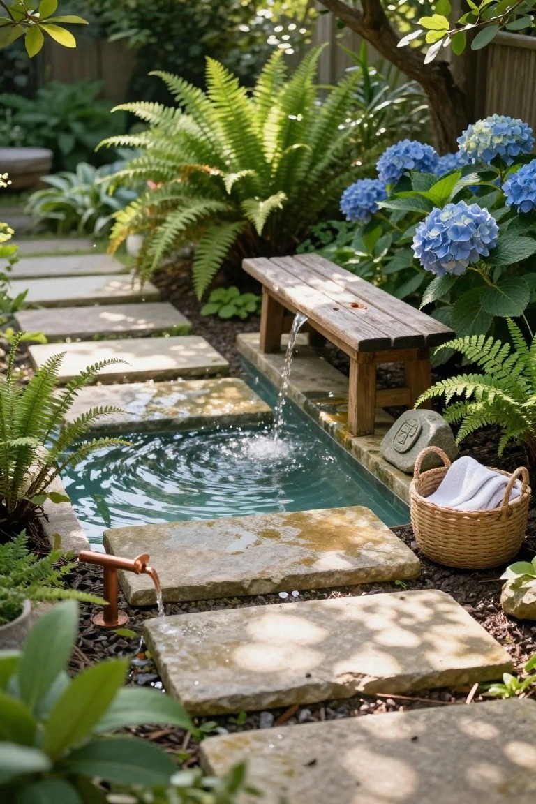 Small rectangular turquoise pool with rippling water from a fountain under a wooden bench, surrounded by ferns, blue hydrangeas, stone path, and copper faucet in a garden.