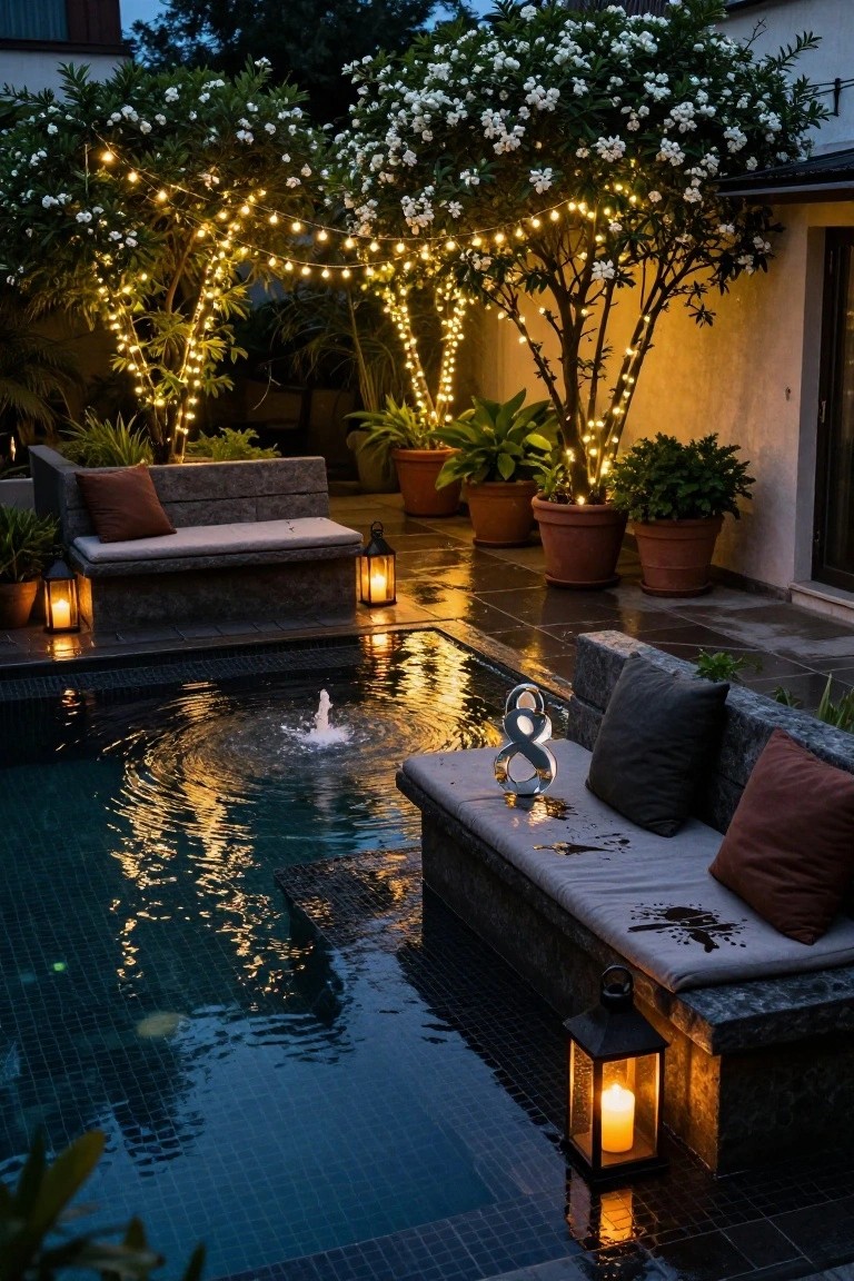 Small rectangular pool at evening with bubbling fountain, edged by stone benches with cushions and pillows, surrounded by potted plants, draped string lights in white-flowering trees, and several lanterns providing warm illumination.