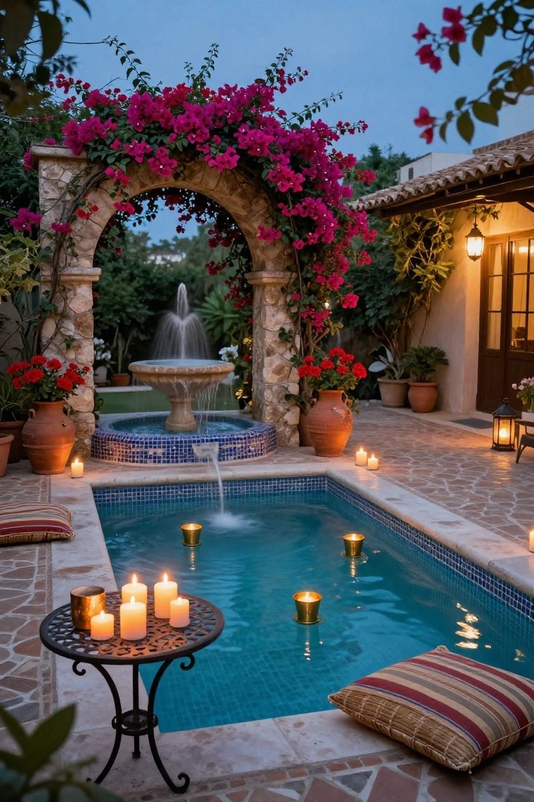 Small turquoise tiled pool with floating gold candle holders and tealights on edges and a low metal table, stone archway covered in pink bougainvillea, central fountain, terracotta pots with plants, and lanterns on a tiled outdoor patio at dusk.