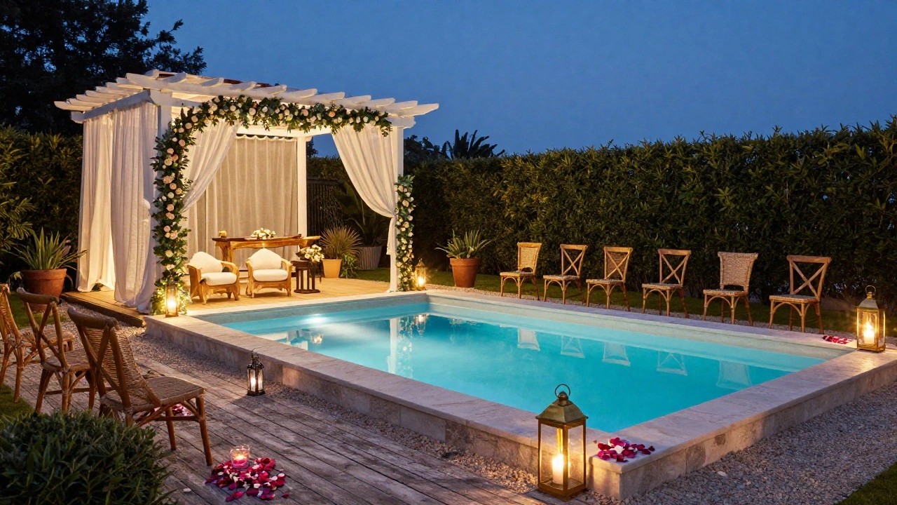 White-draped wooden pergola with arranged chairs, floral arch, lanterns, candles, and rose petals beside a pool with floating lights at dusk.