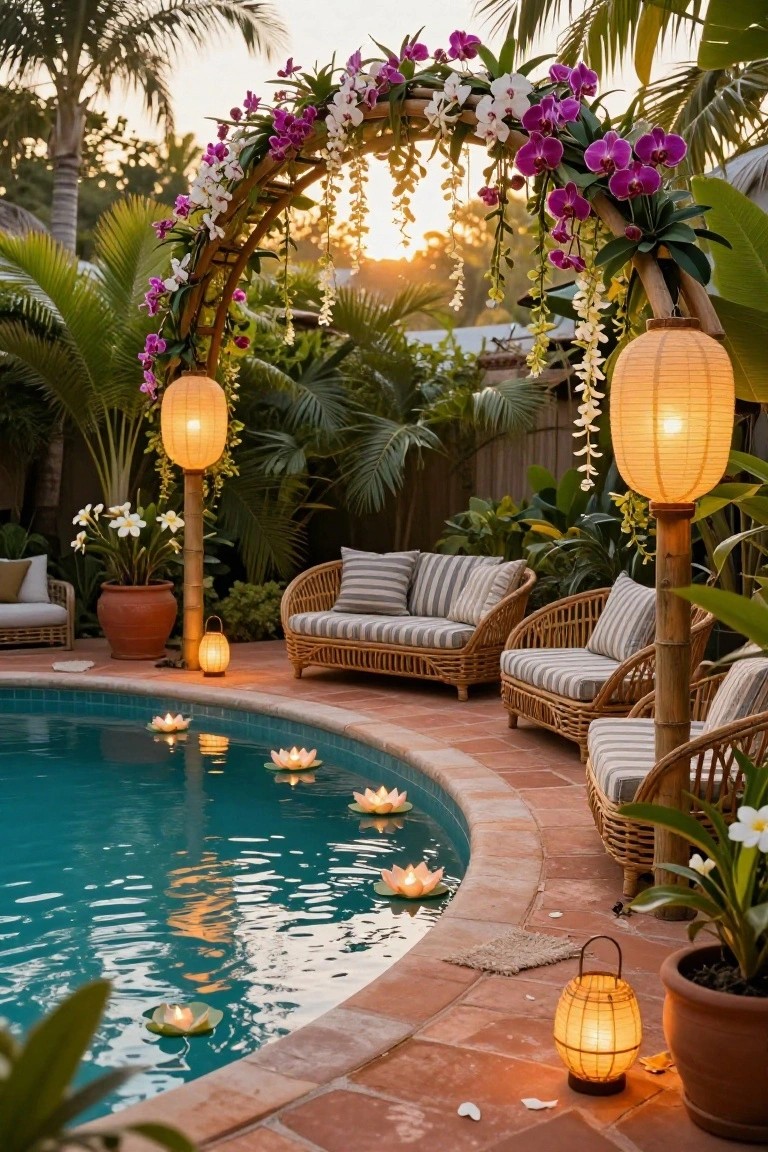 Outdoor pool area with curved turquoise pool, rattan lounge chairs on terracotta pavers, bamboo poles holding large paper lanterns, floral archway with orchids, and floating lotus candles in the water at dusk.
