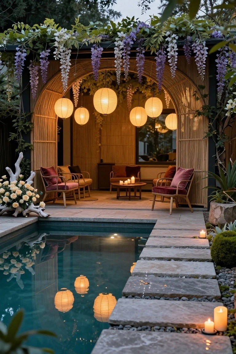 Outdoor seating area under a bamboo pergola draped with purple and white wisteria, featuring hanging round paper lanterns, red velvet chairs around a low table with candles, beside a lit turquoise pool edged in stone pavers at dusk.