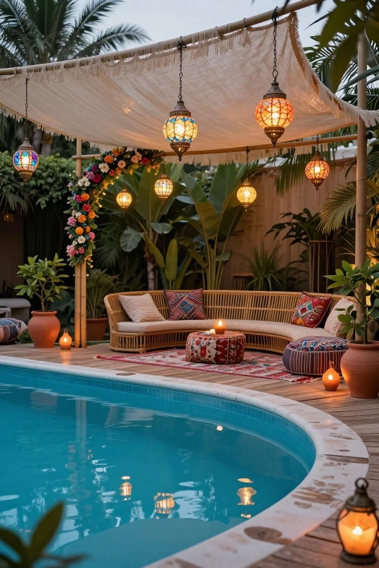 Outdoor pool deck at dusk with a fringed beige canopy strung with colorful stained-glass hanging lanterns over a curved rattan sofa with patterned pillows and cushions, surrounded by potted plants, rugs, candles, and banana leaves.