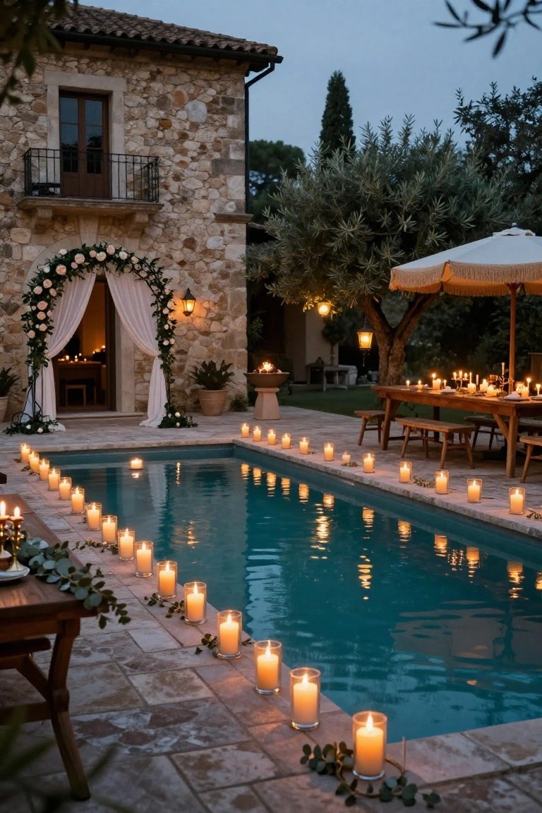 Long rectangular pool at dusk lined on both edges with numerous lit candles in glass holders, adjacent stone house with flower-covered arched entryway, wooden dining table with candles, olive trees and lanterns nearby.