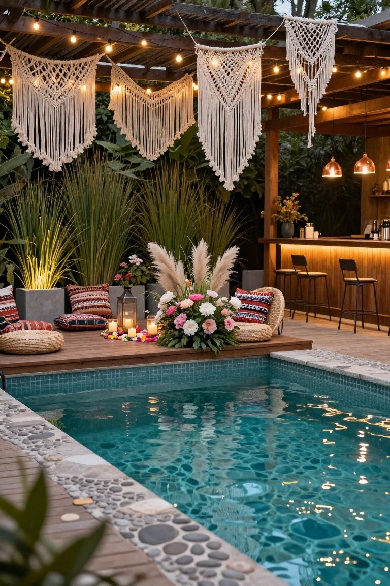 Wooden pergola over a pool deck strung with white string lights and macrame hangings, rattan seating with colorful cushions and pillows, pampas grass plants, flower arrangements, candles, and a bar with pendant lights beside turquoise pool water.