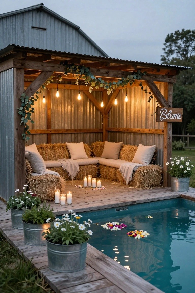 Rustic wooden pavilion with corrugated metal roof beside a turquoise pool, featuring hanging string lights over hay bale corner seating with beige cushions and blankets, ground candles, metal bucket plants, and floating flowers in the water.
