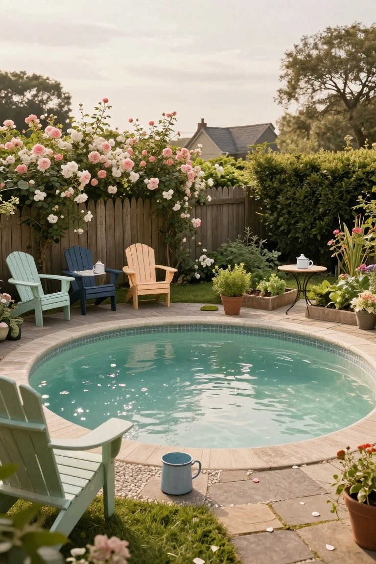 Round turquoise pool edged in stone pavers, surrounded by colorful wooden Adirondack chairs in mint green, navy blue, and orange, with a small round table holding a teapot nearby, potted plants, and climbing pink roses on a wooden fence in a backyard garden.