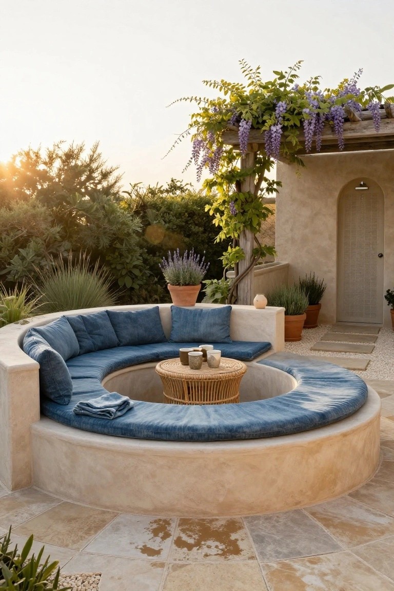 Circular built-in beige stucco bench with blue cushions and pillows encircling a round rattan table with two ceramic mugs and cups on a stone-tiled outdoor patio surrounded by potted plants, lavender, agave, climbing wisteria on a pergola, and a wooden door archway.