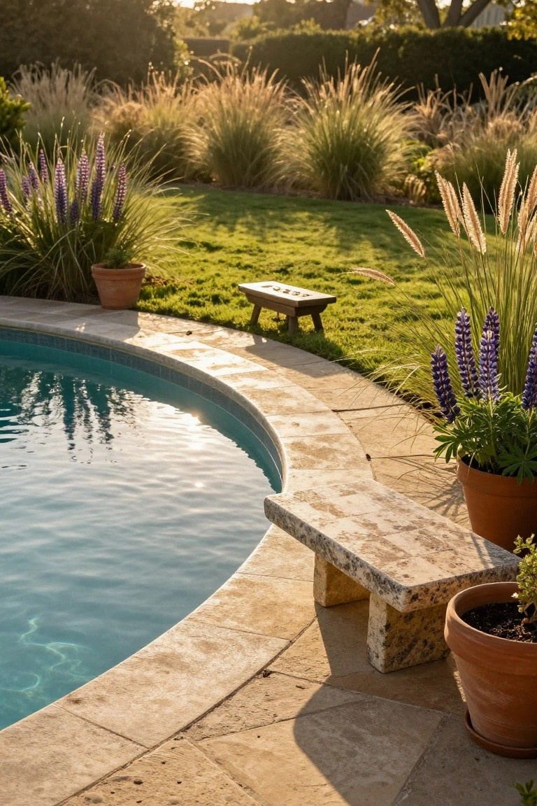 Curved turquoise swimming pool with beige stone decking and coping, a built-in rectangular stone bench at the edge, potted purple lavender plants, ornamental grasses, and green lawn in the background on a sunny day.