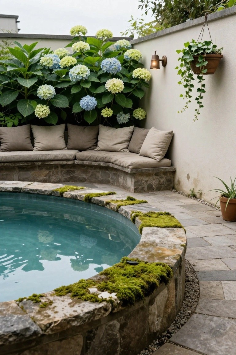 Round turquoise pool with moss-covered stone edging, next to a curved beige cushioned bench seat against hydrangea bushes and a white wall in an outdoor courtyard.