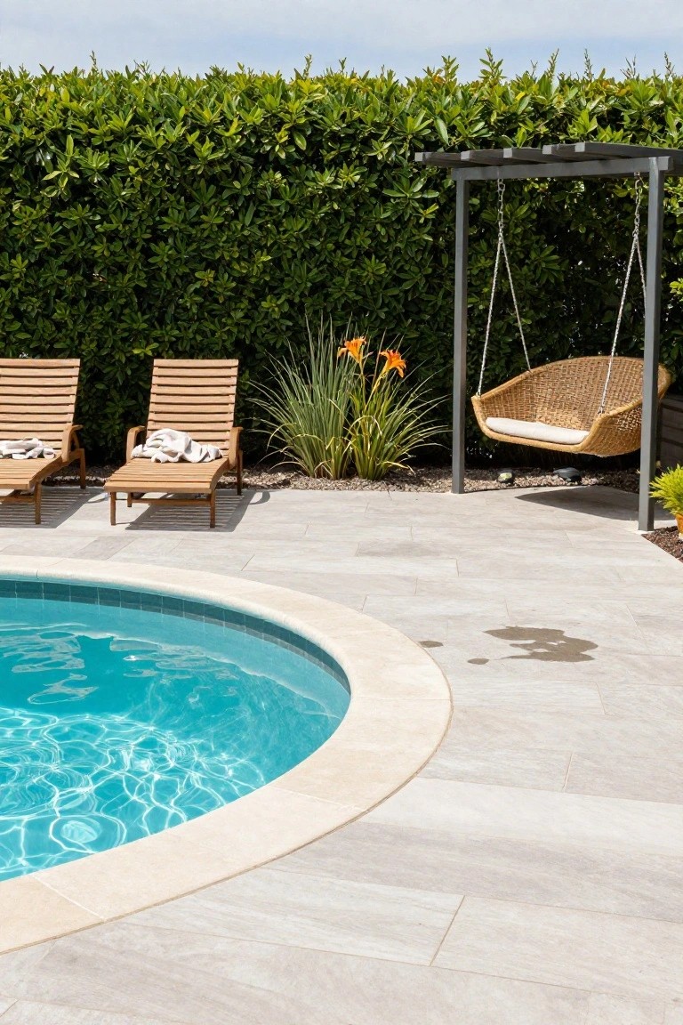 Round turquoise pool with curved light gray stone deck edge, two wooden loungers with white towels, rattan hanging swing on metal frame, orange lilies and grasses nearby, tall green hedge backdrop.