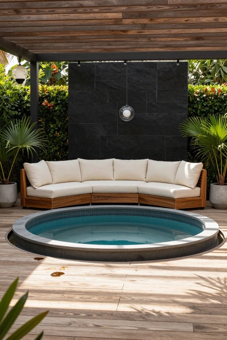Round turquoise hot tub on wooden deck surrounded by curved wooden sofa with cream cushions, potted palms on either side, black stone wall backdrop, and wooden pergola overhead with hanging lights.